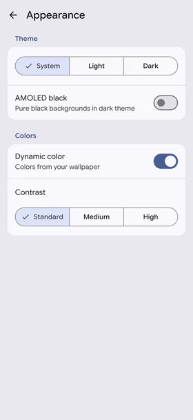 Appearance settings: theme, AMOLED black, dynamic color, contrast