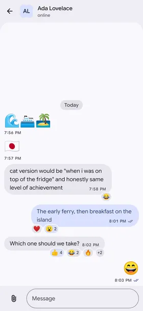 Conversation with large emoji and reaction badges