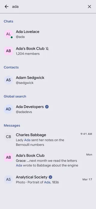 Search results for chats, contacts and messages
