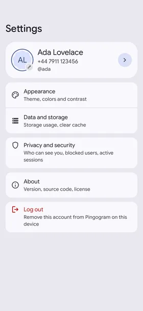 Settings with the account card