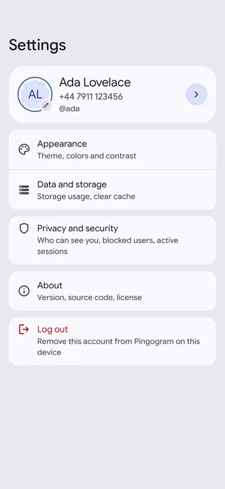 Settings with the account card