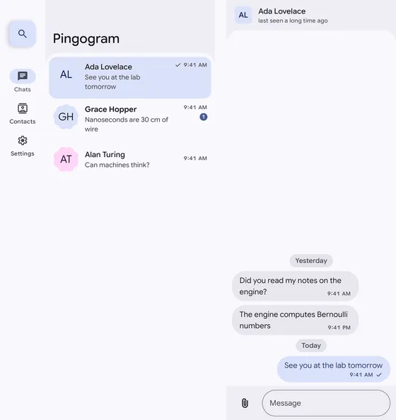 Chat list and conversation side by side on a tablet